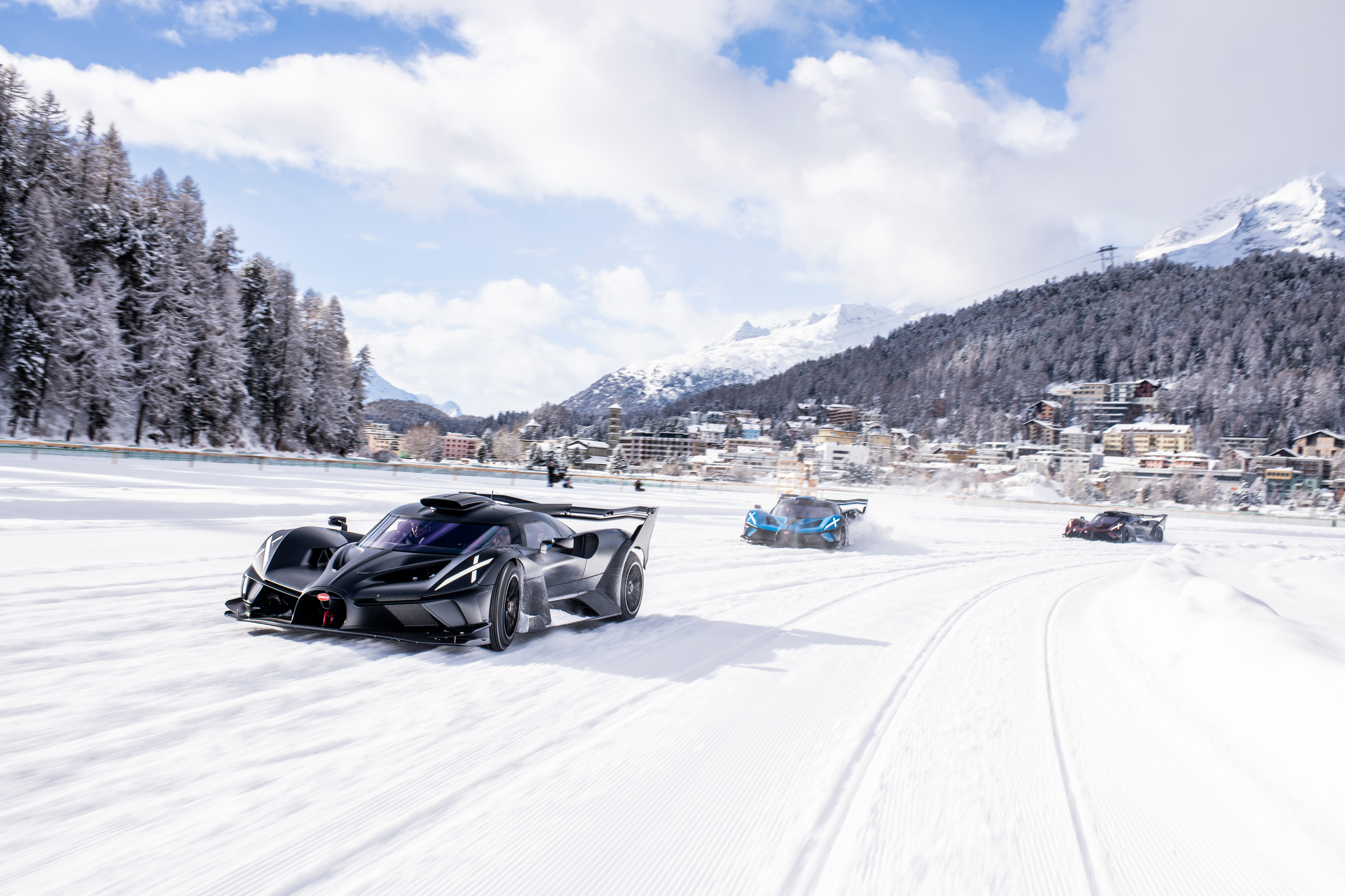 Three unique examples of the Bugatti Bolide offered an unprecedented showcase on the frozen lake in St. Moritz.